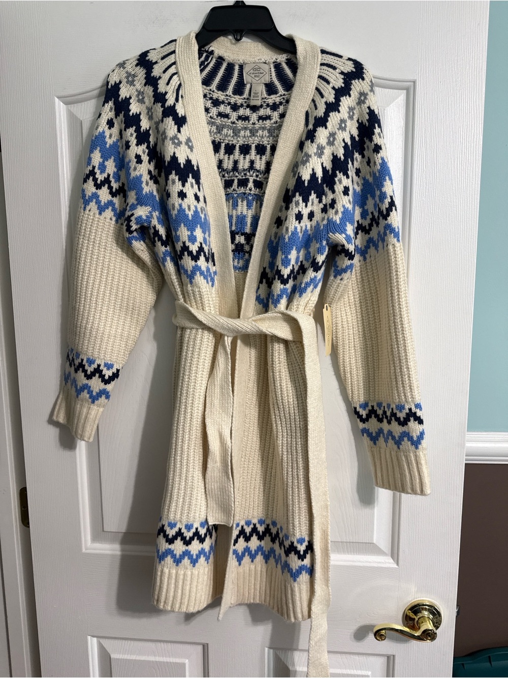 St. John's Bay Cream, Blue and Navy Fair Isle Belted Cardigan